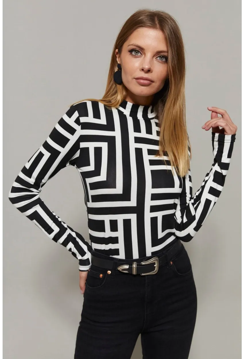 Kadın Siyah-Beyaz Yarım Balıkçı Desenli Bluz LPP1133-1