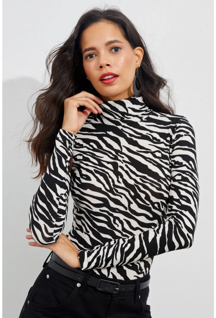 Kadın Siyah-Beyaz Zebra Desenli Balıkçı Bluz EY1524