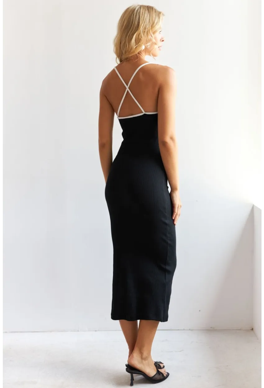 Kadın Siyah Biyeli Kaşkorse Midi Elbise XL2024