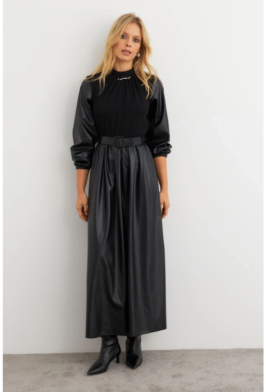 Kadın Siyah Bloklu Taşlı Elbise MALZ101