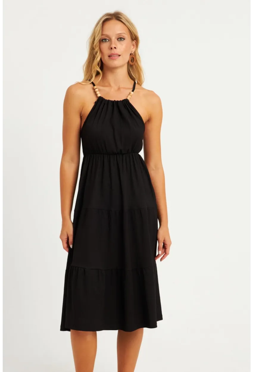 Kadın Siyah Boncuk Detaylı Bürümcük Midi Elbise HO52