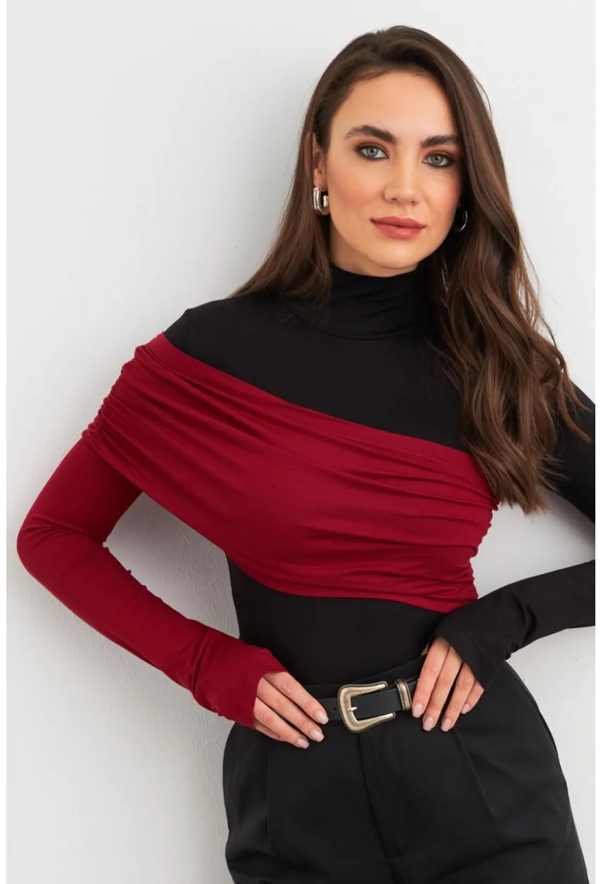 Kadın Siyah-Bordo Bloklu Bluz EY3018