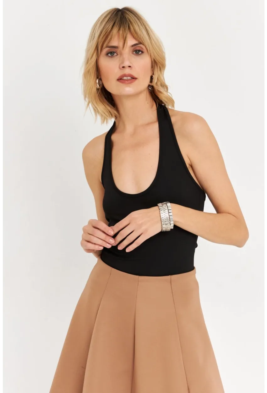 Kadın Siyah Boyun Askılı Crop Bluz TF69