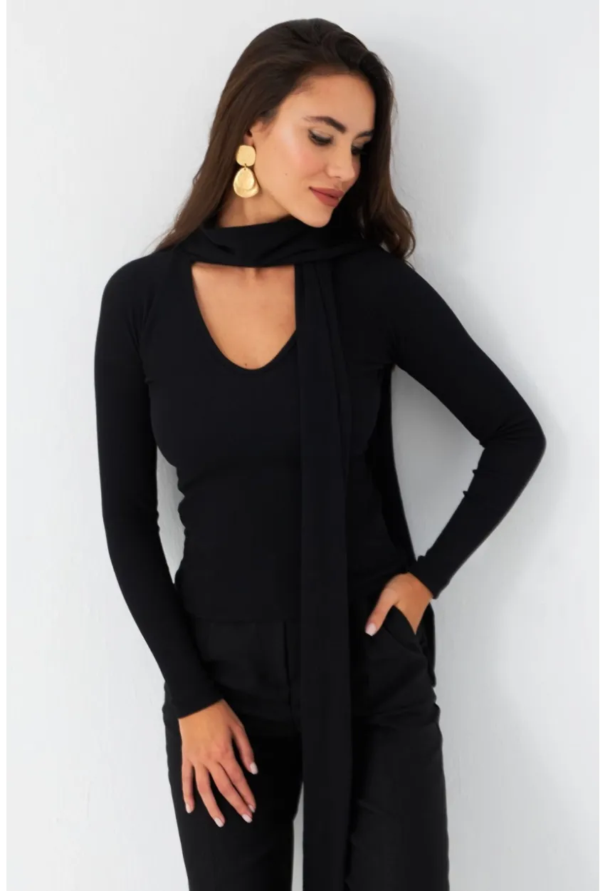 Kadın Siyah Boyun Bağlamalı Kaşkorse Bluz EY2986