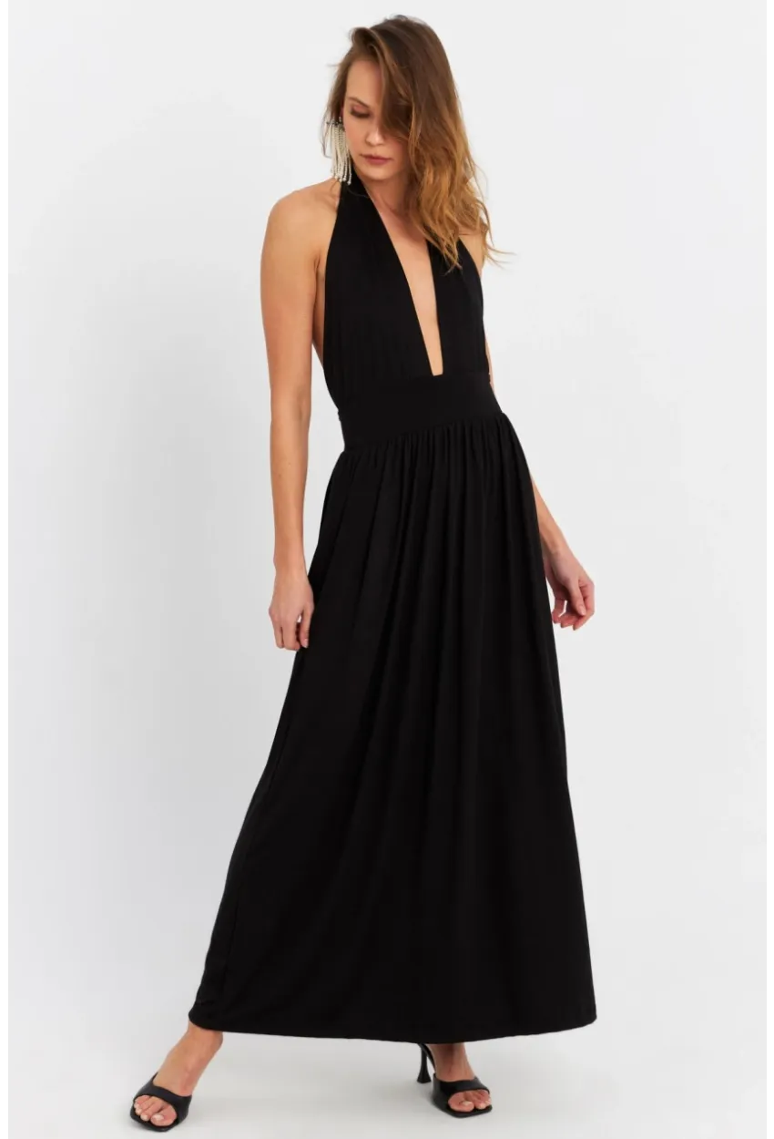 Kadın Siyah Boyun Bağlamalı Maxi Elbise EY3075