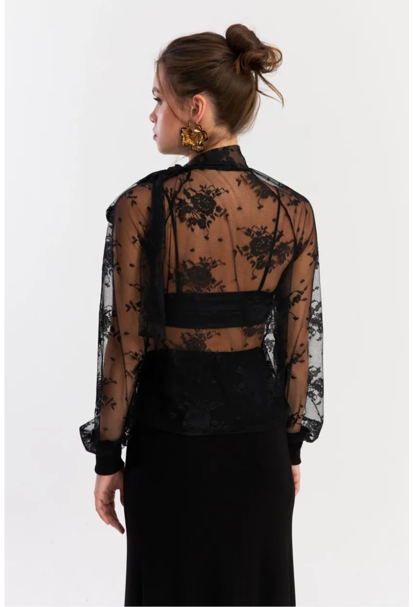 Kadın Siyah Boyun Bağlamalı Tül Bluz EY2929