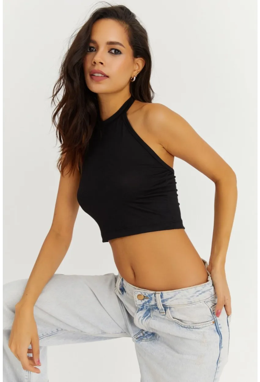 Kadın Siyah Boyundan Bağlamalı Crop Bluz EY1480