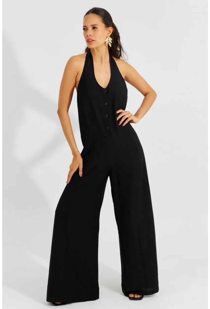 Kadın Siyah Boyundan Bağlamalı Gipeli Salaş Tulum BK1660