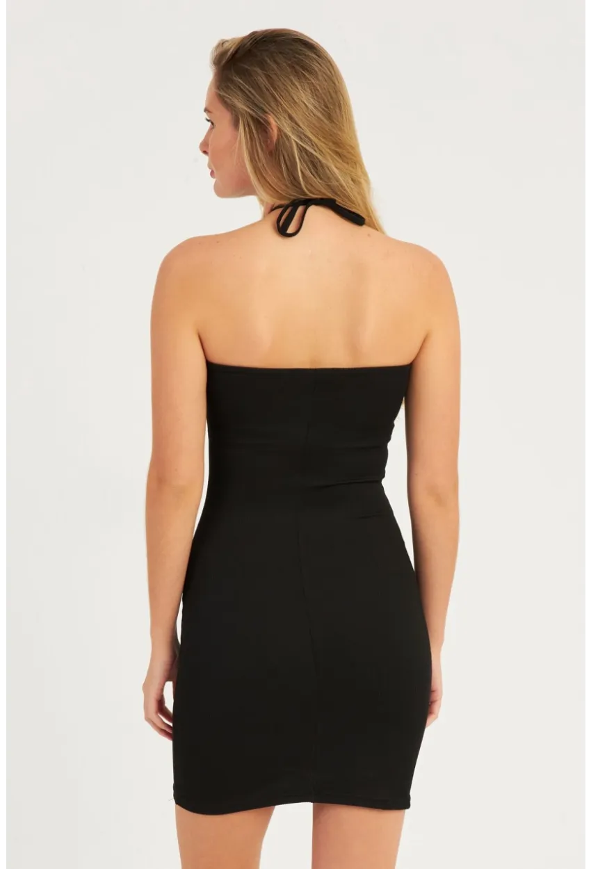 Kadın Siyah Boyundan Bağlamalı Mini Elbise CG344