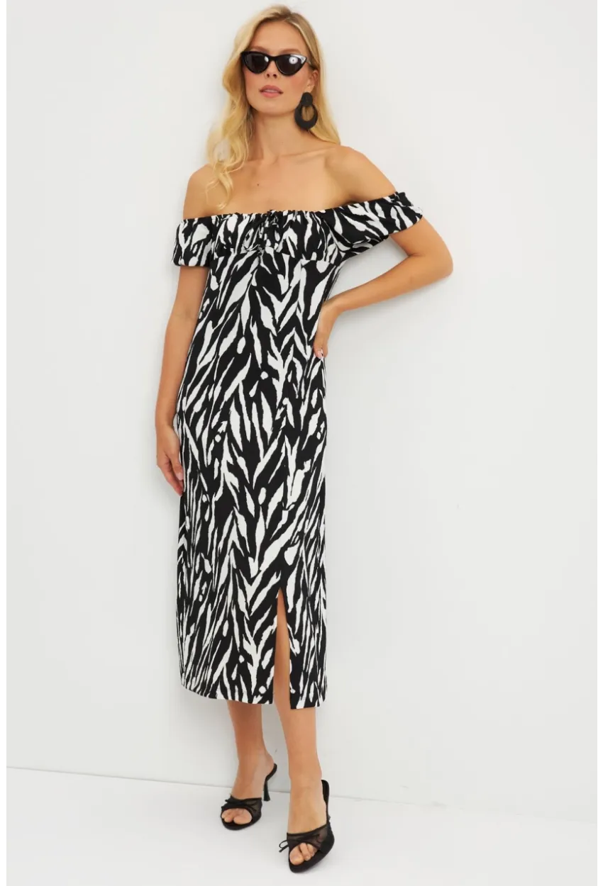 Kadın Siyah Bürümcük Büzgülü Midi Elbise DY105