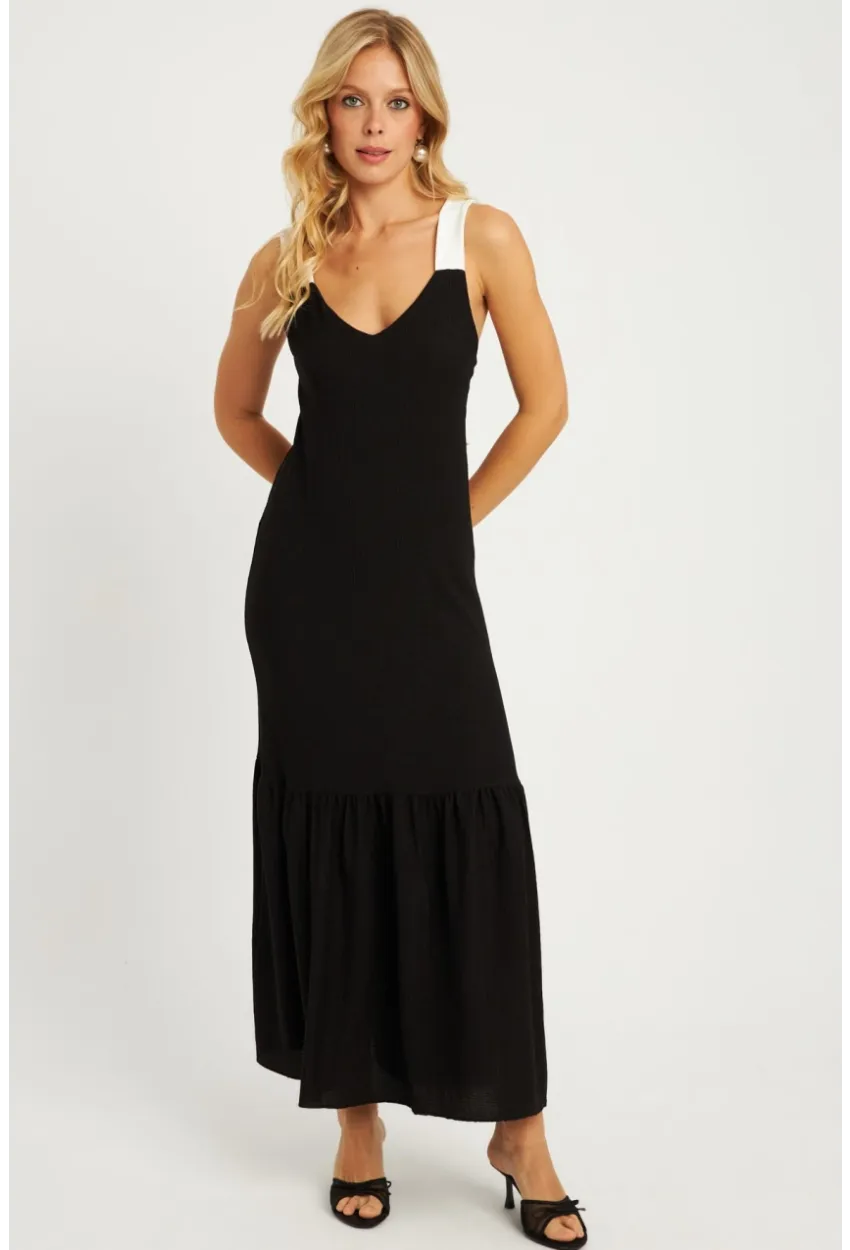 Kadın Siyah Bürümcük Kontrast Midi Elbise EY2829