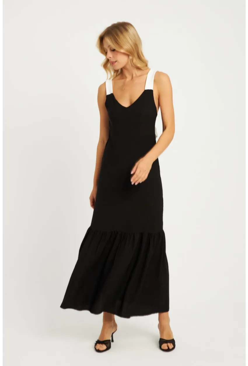 Kadın Siyah Bürümcük Kontrast Midi Elbise EY2829