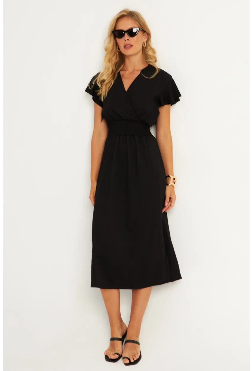 Kadın Siyah Bürümcük Kruvaze Midi Elbise XL2008