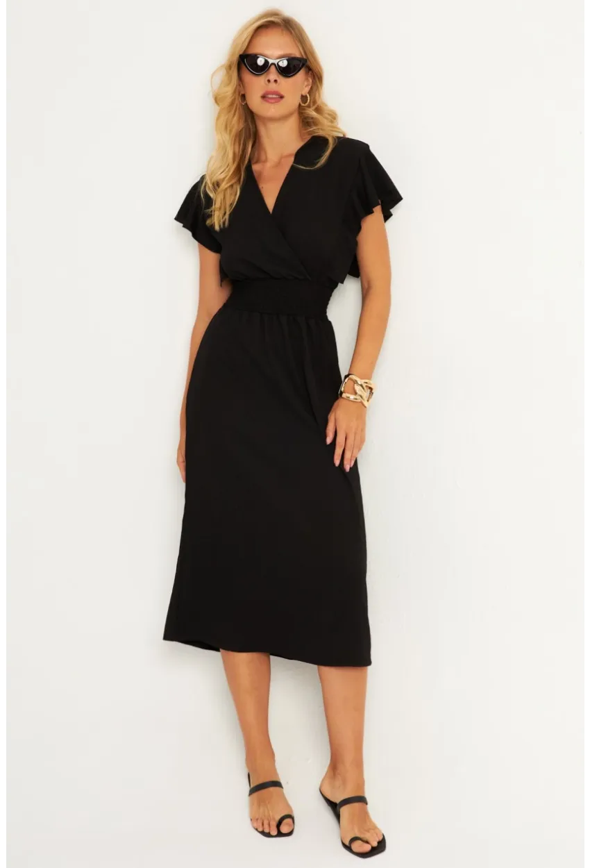 Kadın Siyah Bürümcük Kruvaze Midi Elbise XL2008