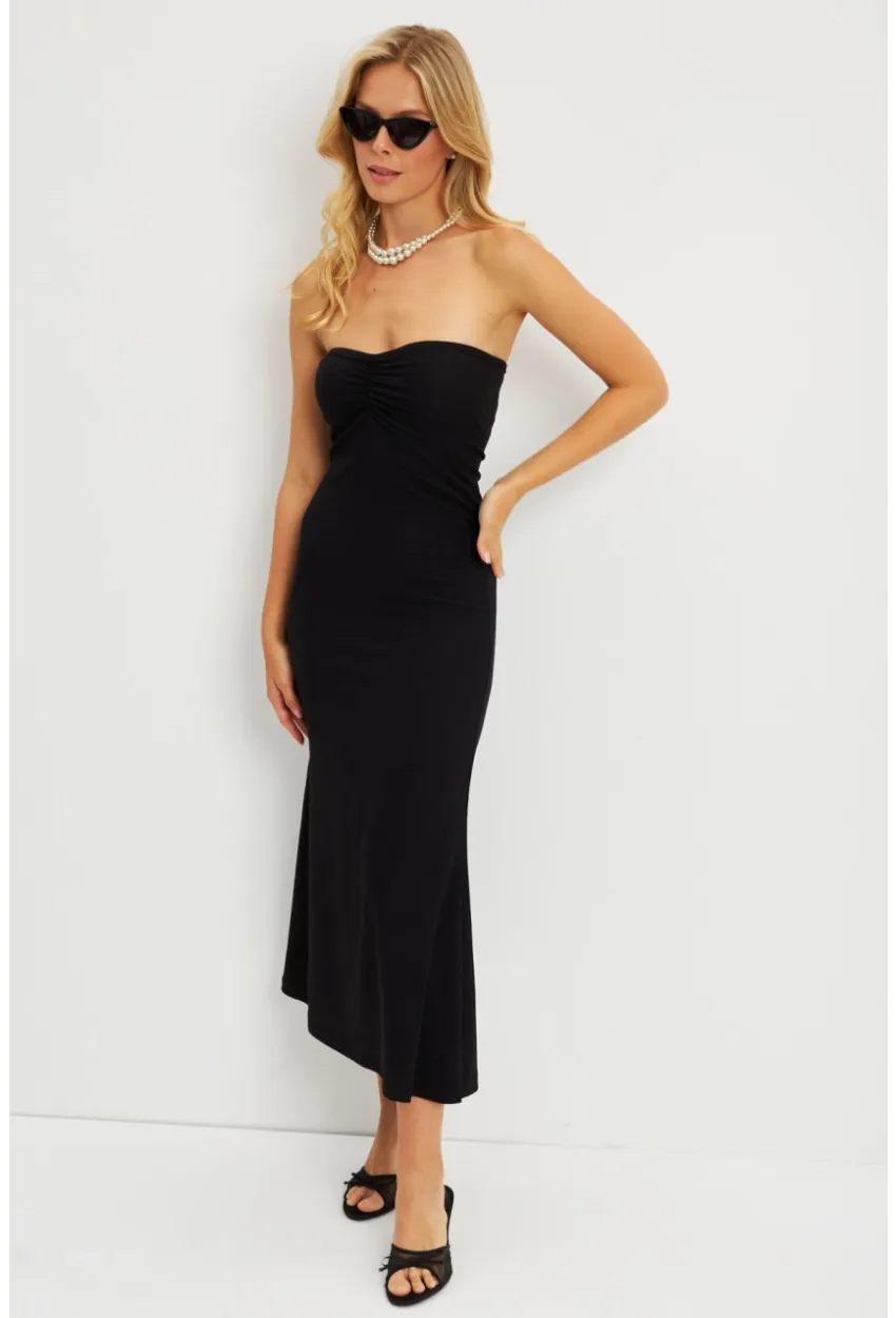 Kadın Siyah Bürümcük Straplez Midi Elbise EY2787