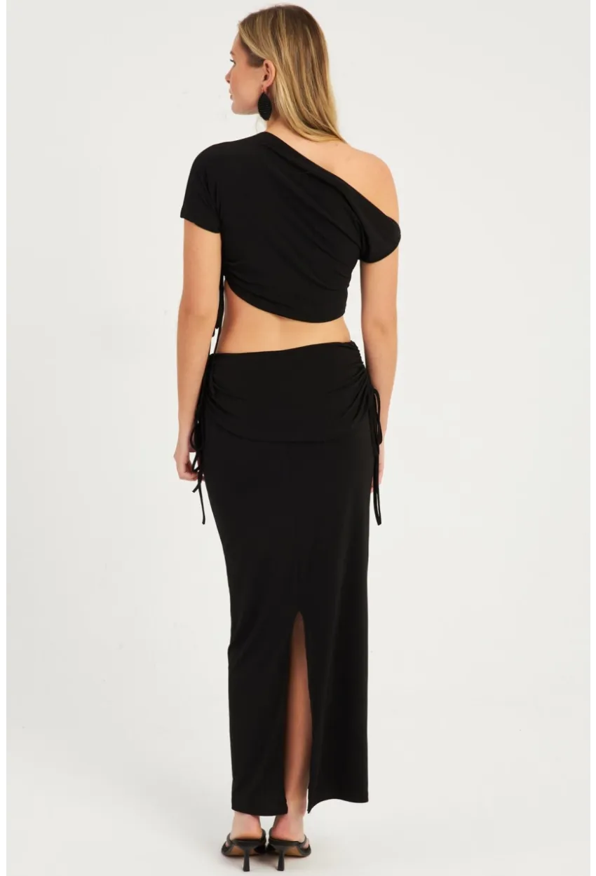 Kadın Siyah Büzgülü Alt Üst  Etek Takım YEL88