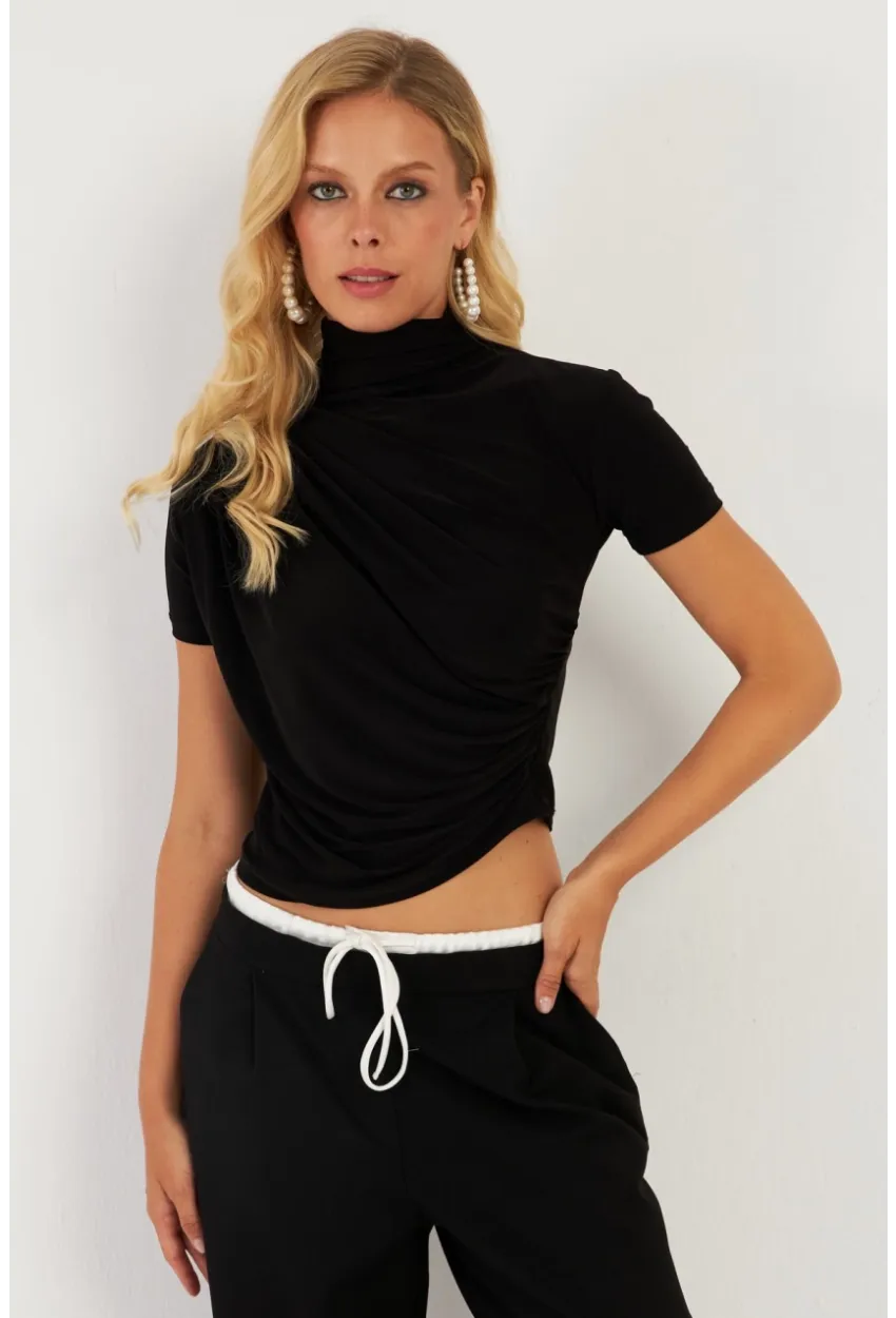 Kadın Siyah Büzgülü Bluz LPP1287