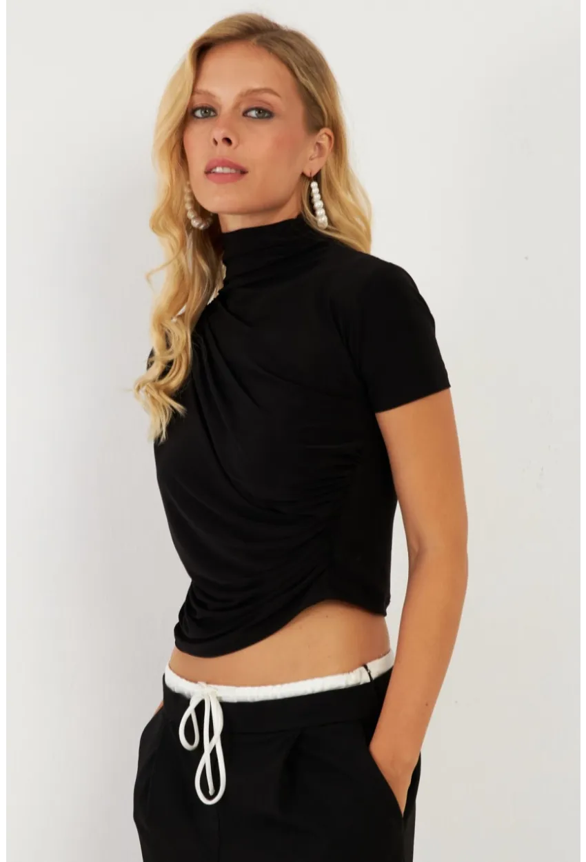 Kadın Siyah Büzgülü Bluz LPP1287