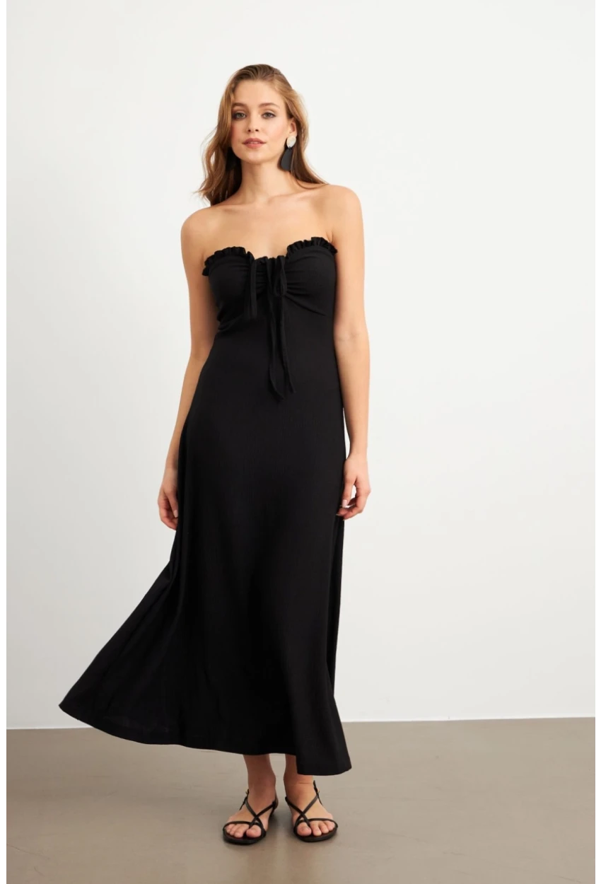 Kadın Siyah Büzgülü Bürümcük Midi Elbise EY3096