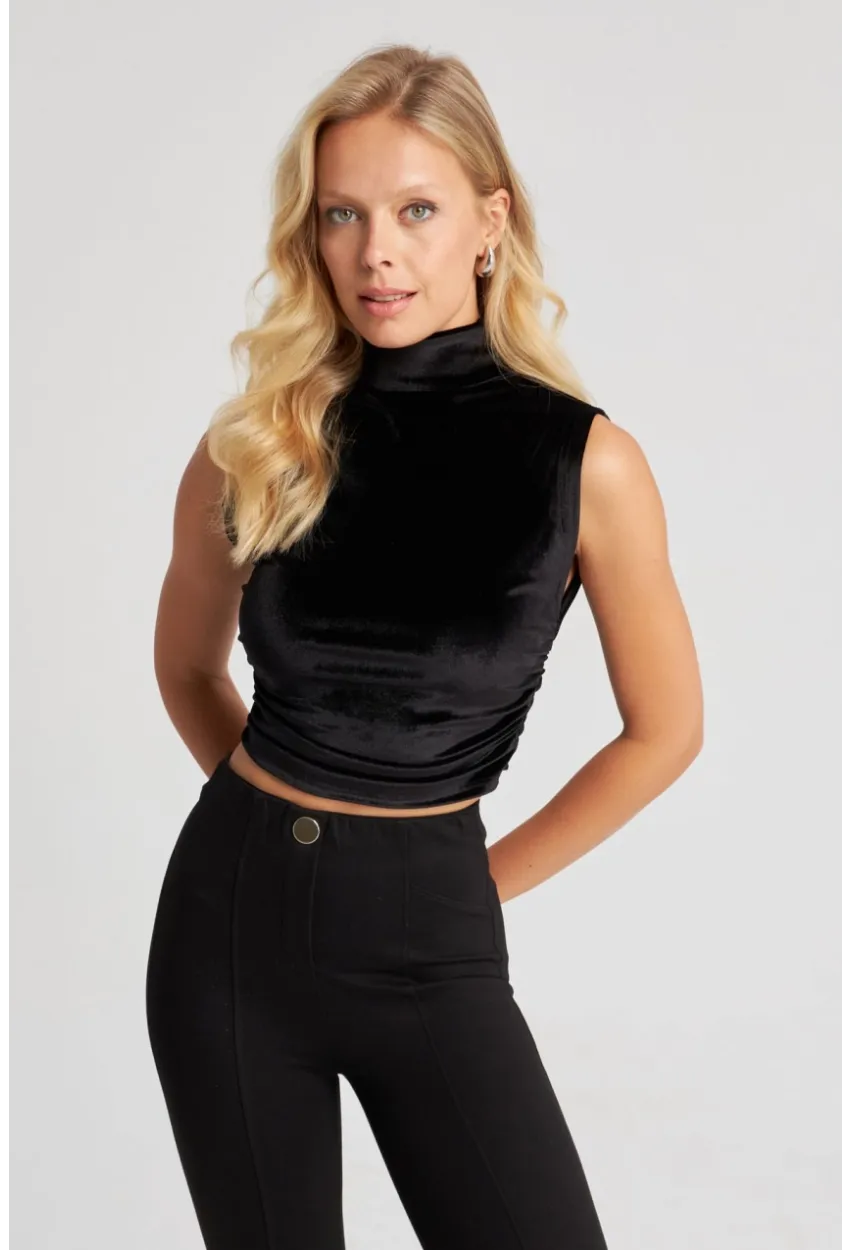 Kadın Siyah Büzgülü Kadife Bluz B228