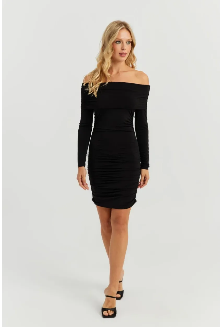 Kadın Siyah Büzgülü Madonna Mini Elbise MON1118