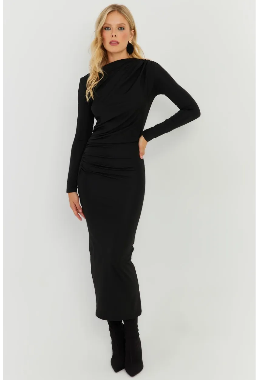 Kadın Siyah Büzgülü Midi Elbise KED5000