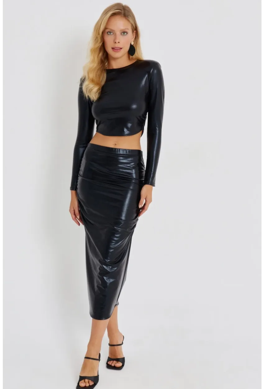 Kadın Siyah Büzgülü Parlak Etek Takım KED4046