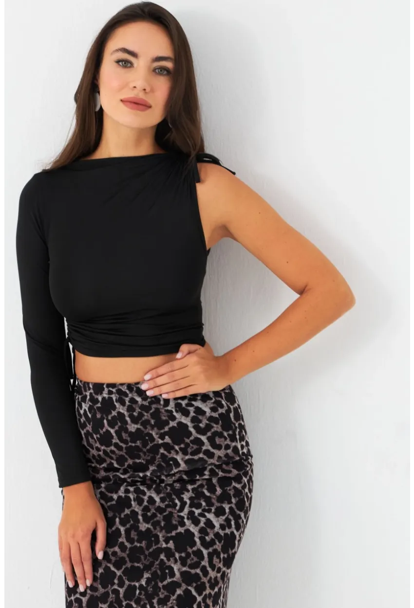 Kadın Siyah Büzülebilir Tek Kol Bluz CG390