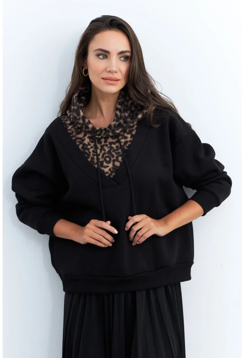 Kadın Siyah-Camel Leopar Bloklu Sweatshirt PP6415