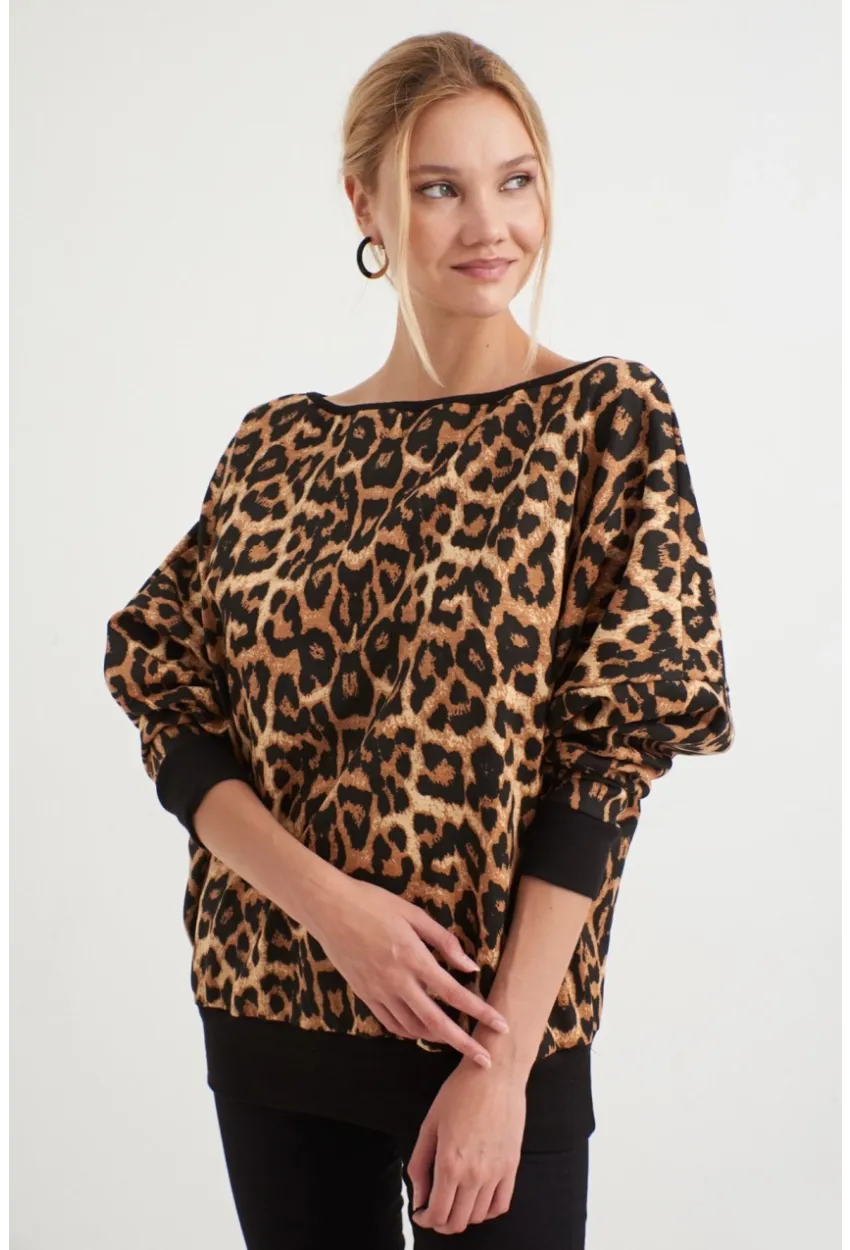 Kadın Siyah -Camel Leopar Desenli Sırtı Açık Yarasa Kol Sweatshirt B161