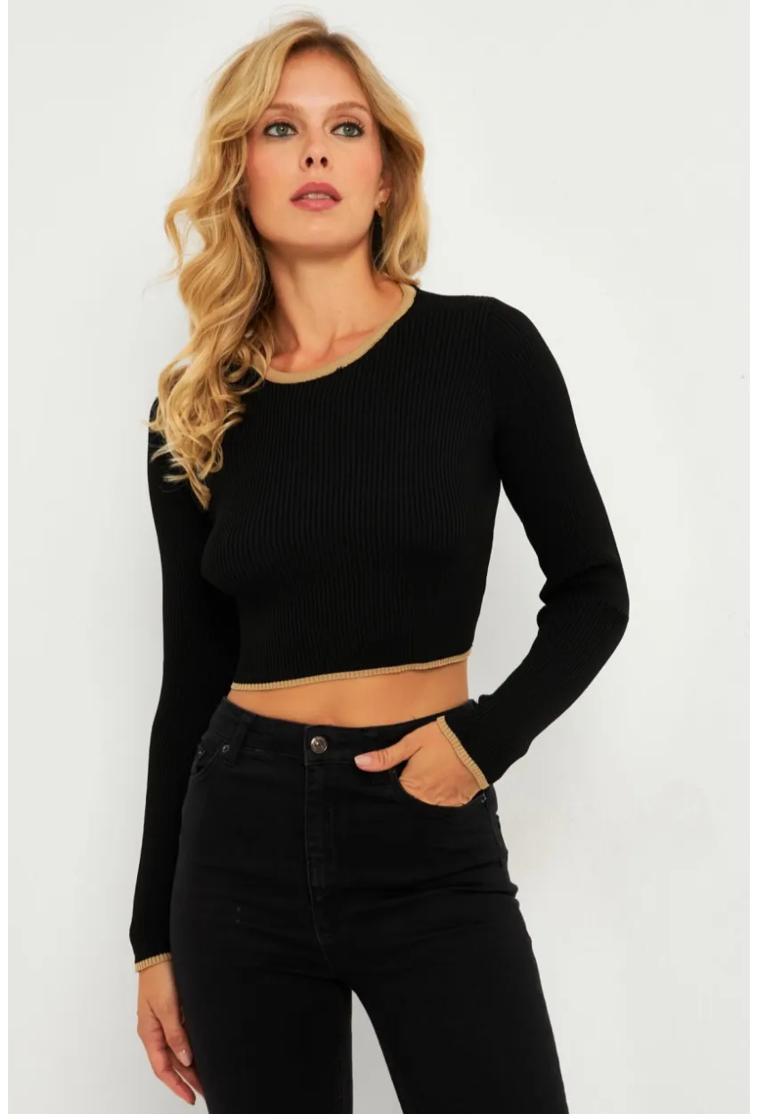 Kadın Siyah-Camel Sırtı Açık Bluz YV270