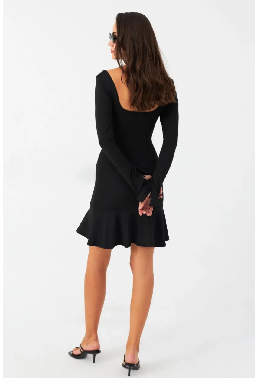 Kadın Siyah Çan Kol Mini Elbise CG386