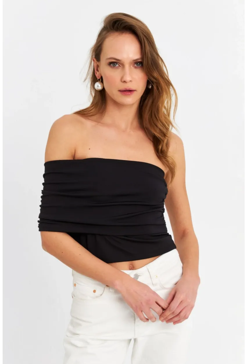 Kadın Siyah Çapraz Crop Bluz B4074