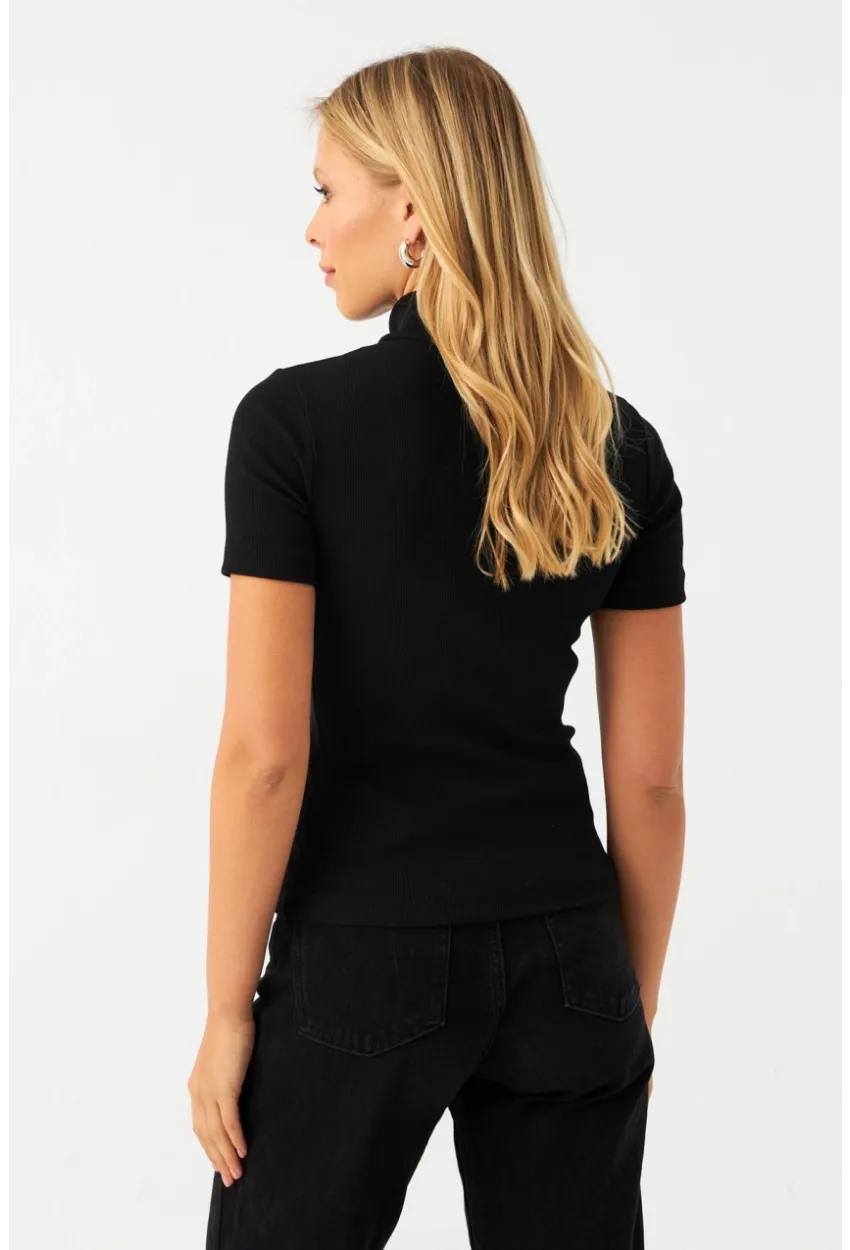 Kadın Siyah Çapraz Fermuarlı Kaşkorse Bluz EY3000