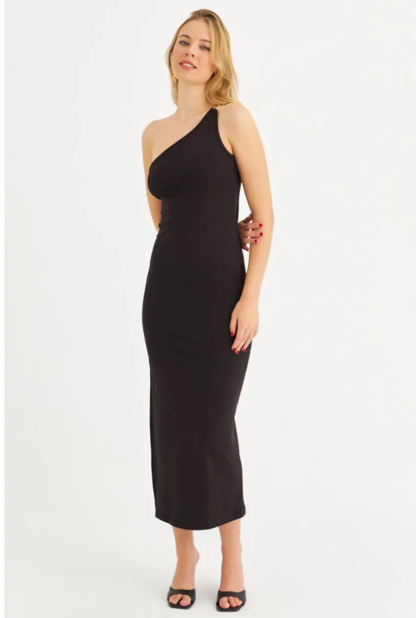 Kadın Siyah Çapraz Yaka Aksesuarlı Midi Elbise EY3088