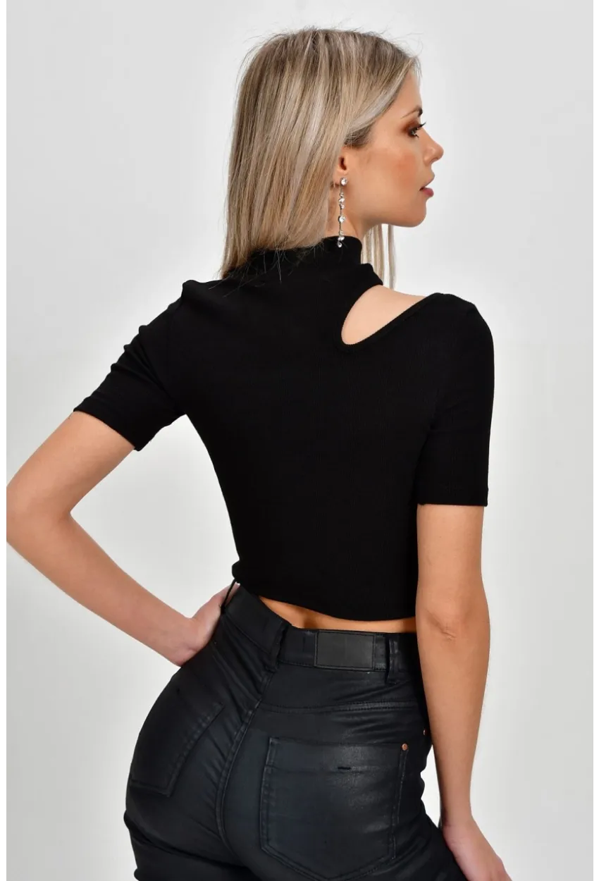 Kadın Siyah Çapraz Yaka Kaşkorse Kısa Bluz B74