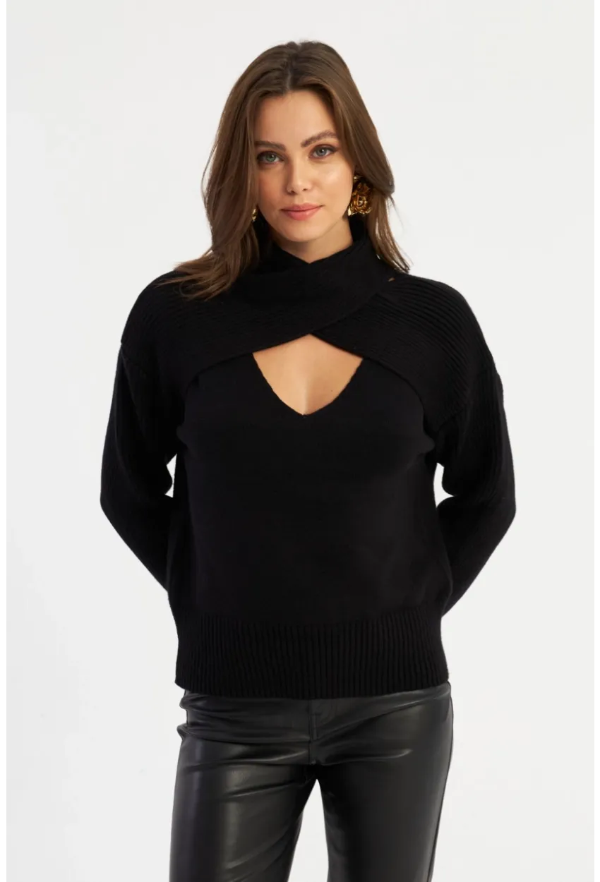 Kadın Siyah Çapraz Yaka Kazak AYD384