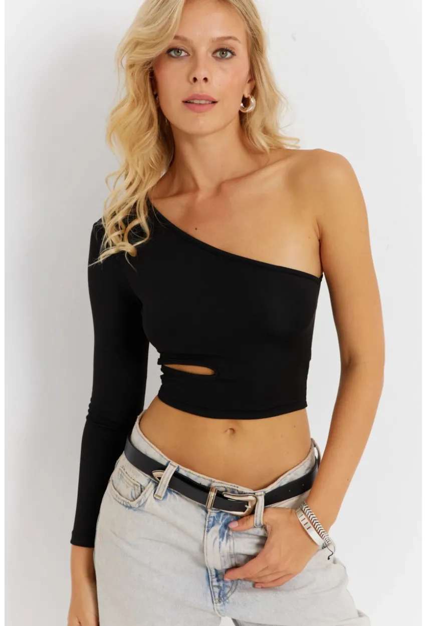 Kadın Siyah Çapraz Yaka Pencerli Crop Bluz CG366