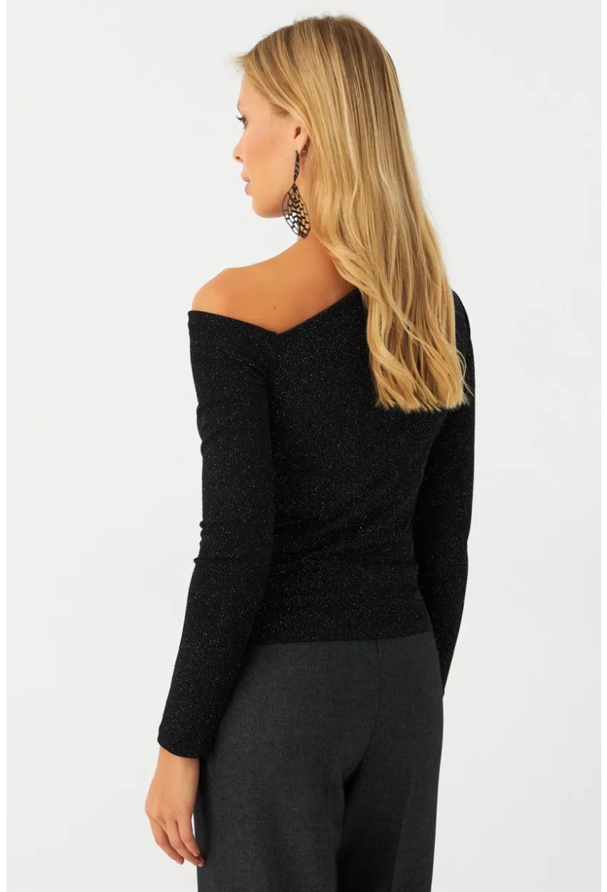 Kadın Siyah Çapraz Yaka Simli Bluz ERL10060