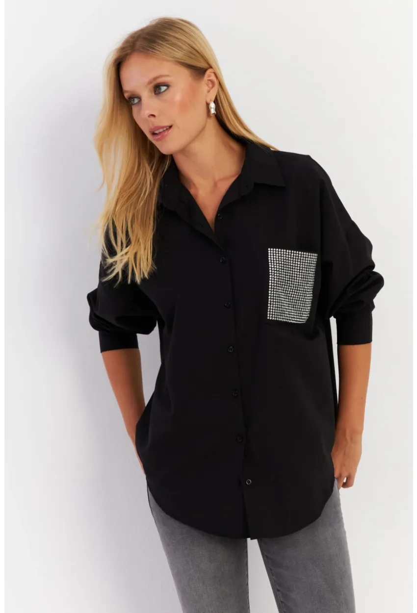 Kadın Siyah Cepli Taşlı Gömlek ZER414