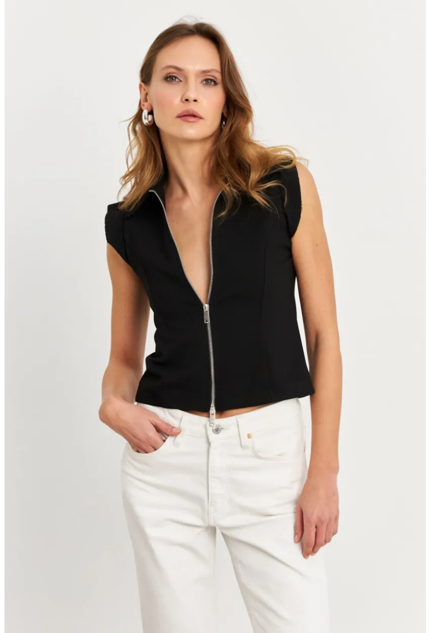 Kadın Siyah Çift Fermuarlı Bluz MOD2352
