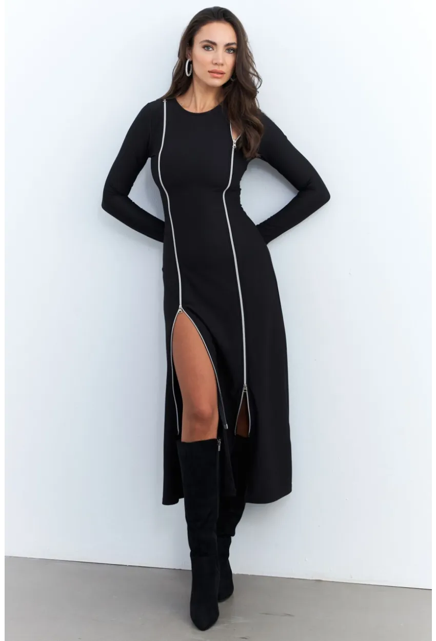 Kadın Siyah Çift Fermuarlı Maxi Elbise ELT4039