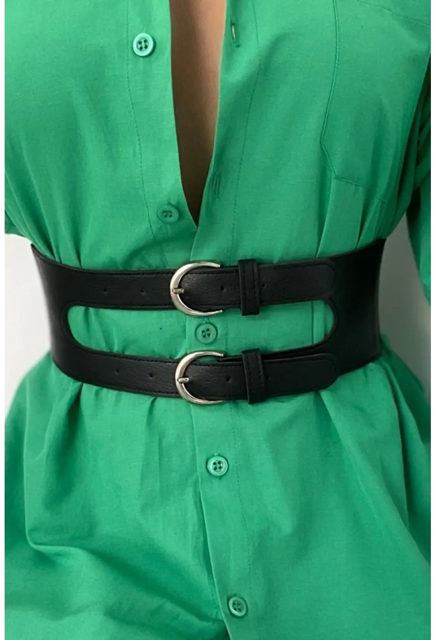 Kadın Siyah Çift Tokalı Lastikli Korse Kemer BE638