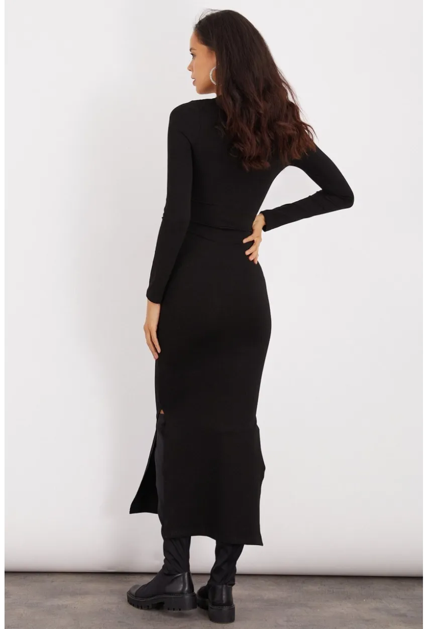 Kadın Siyah Çift Yırtmaçlı Midi Elbise B166-1
