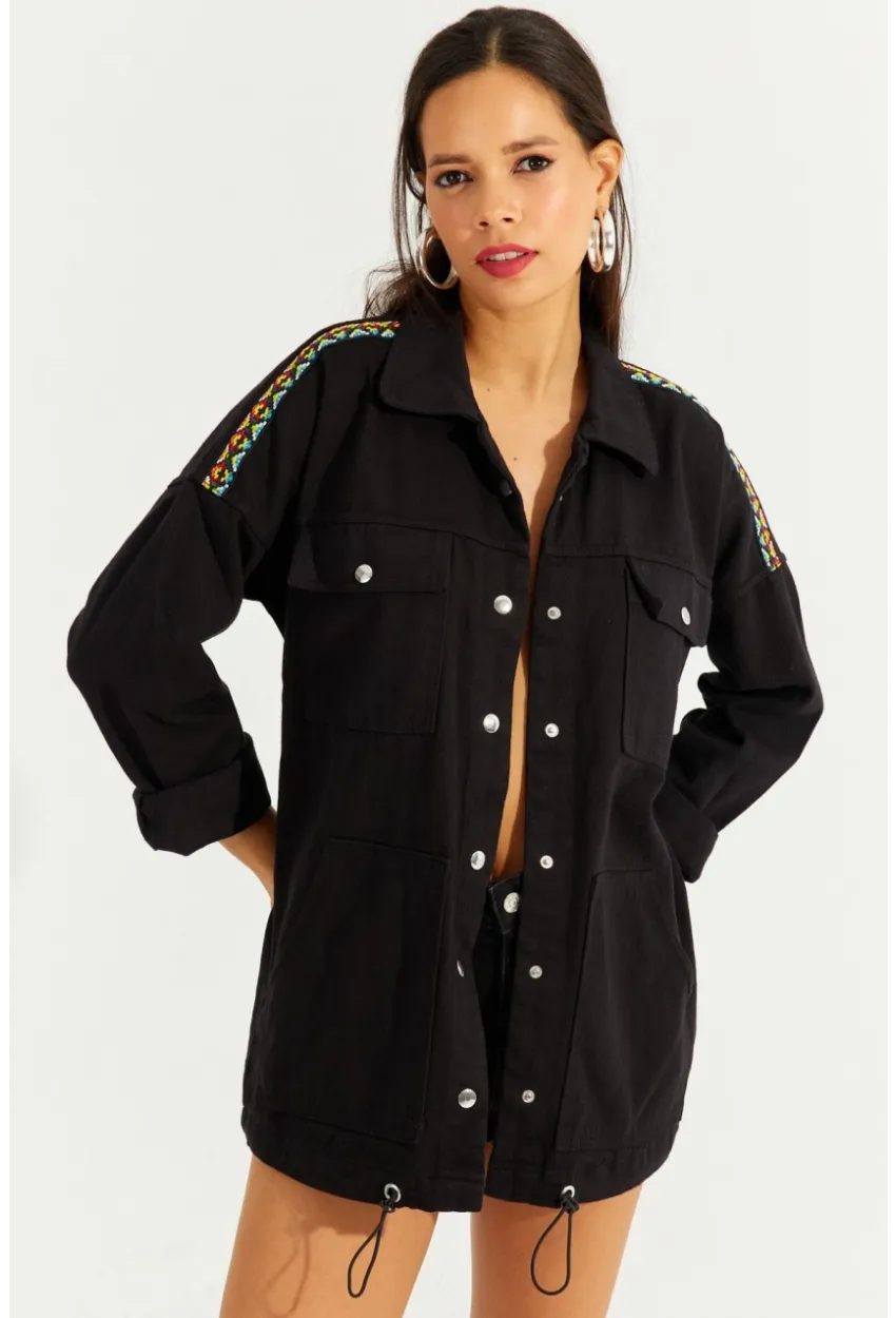 Kadın Siyah Çıtçıtlı Denim Gömlek Ceket İS2120