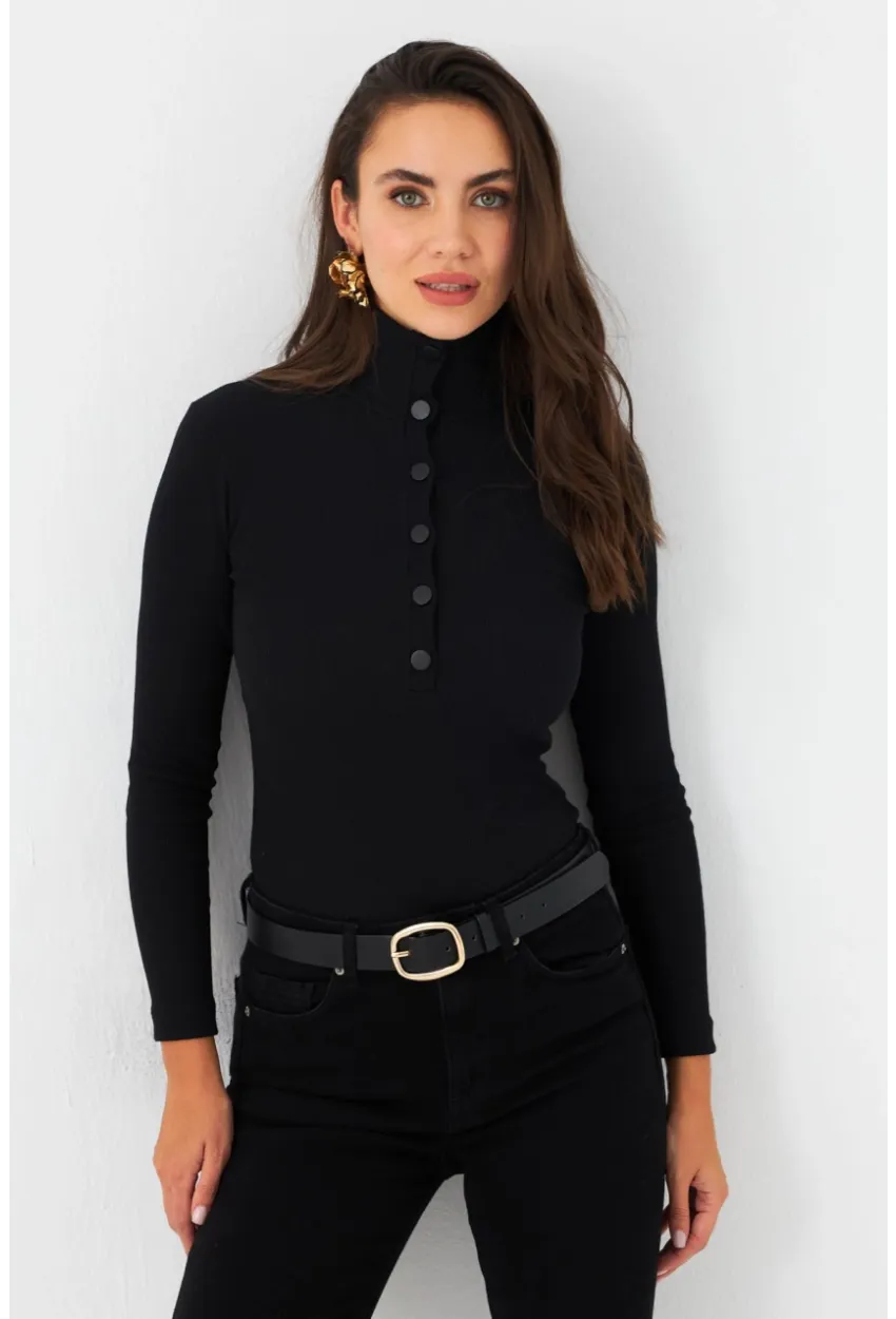 Kadın Siyah Çıtçıtlı Kaşkorse Bluz EY2983