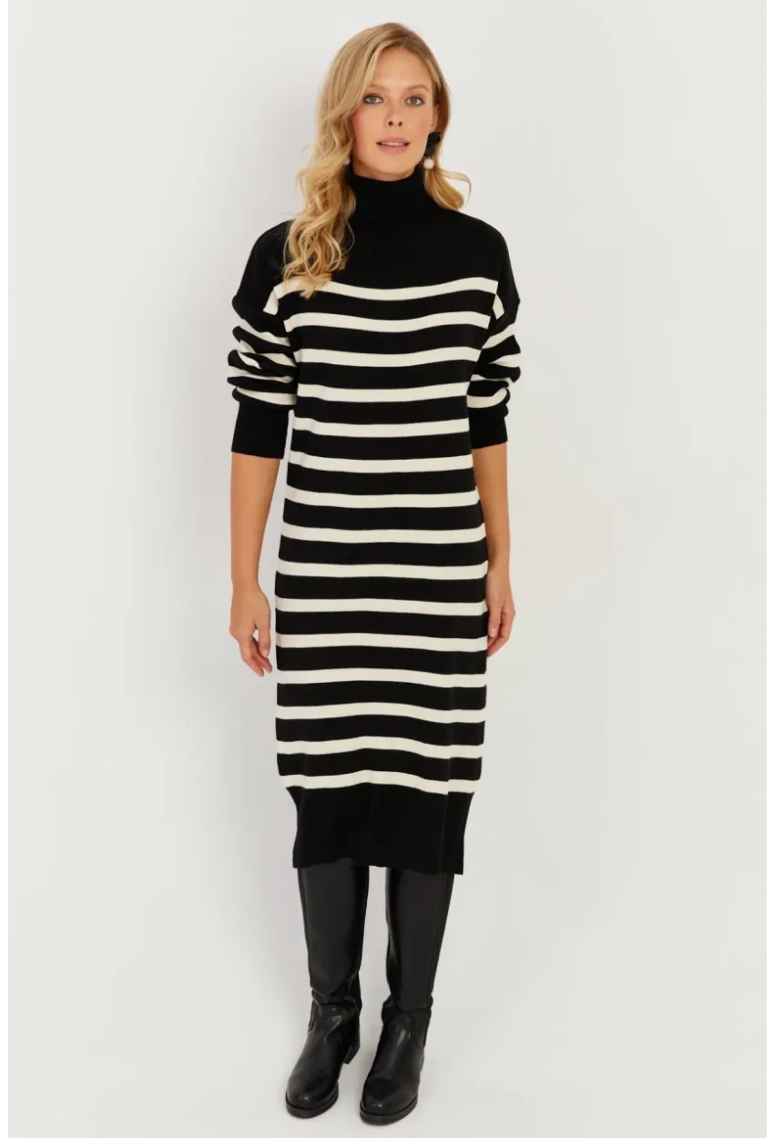 Kadın Siyah Çizgili Balıkçı Triko Midi Elbise MSF2539