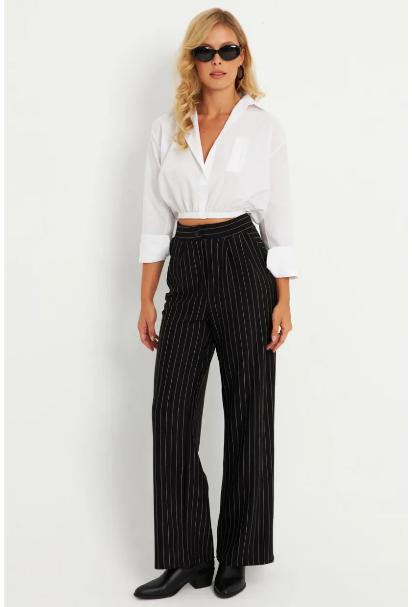 Kadın Siyah Çizgili Pantolon ELT0011