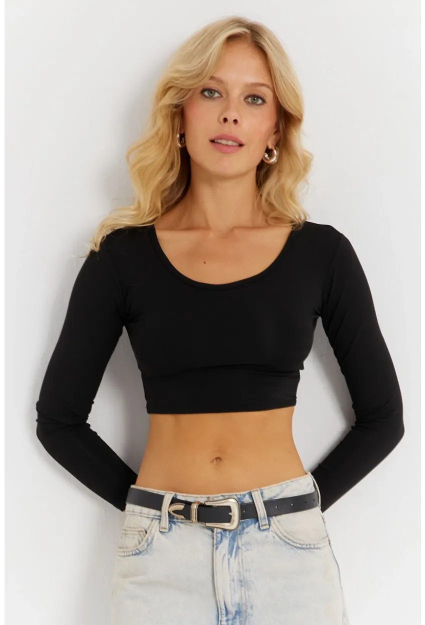 Kadın Siyah Crop Bluz CG367