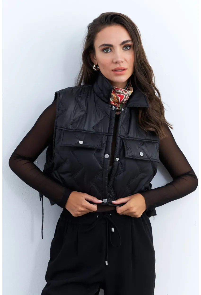Kadın Siyah Crop Yelek İS808